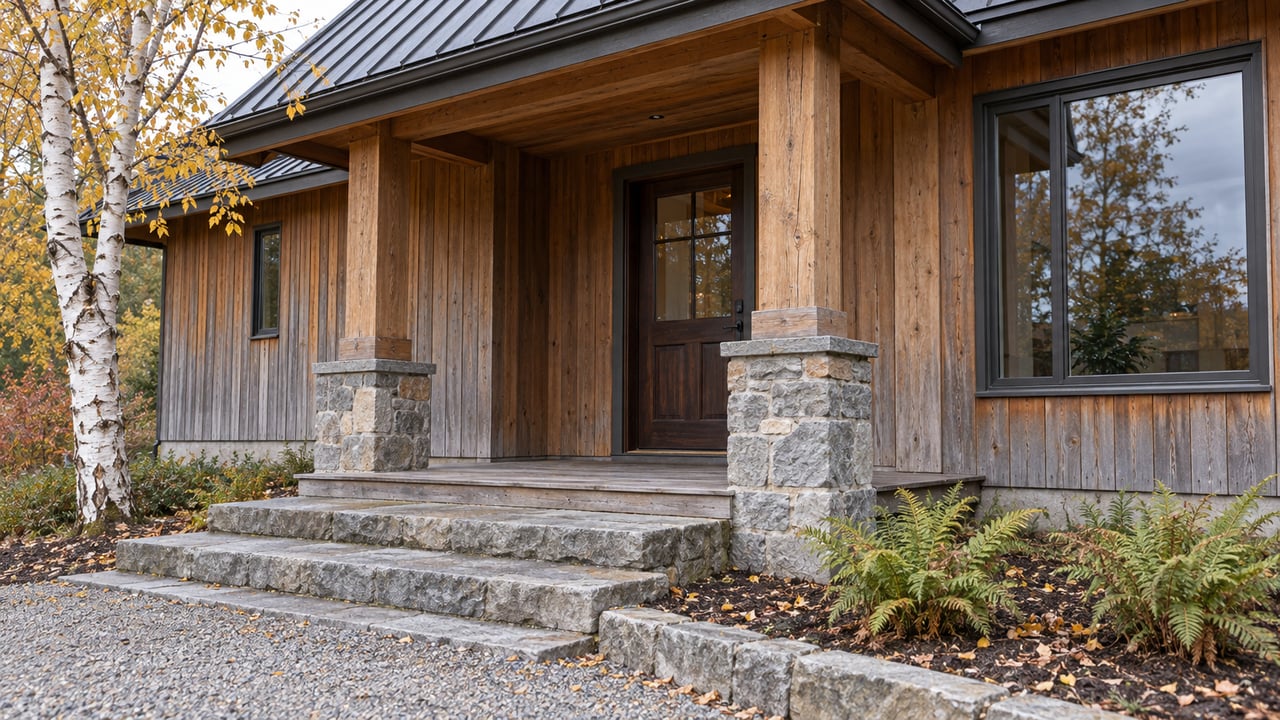 Timber-clad home with a sheltered porch, gray stone steps and a white-barked birch carrying yellow autumn leaves.