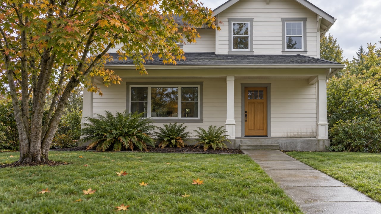 White two-story house with a covered porch, wood front door, and orange autumn leaves.