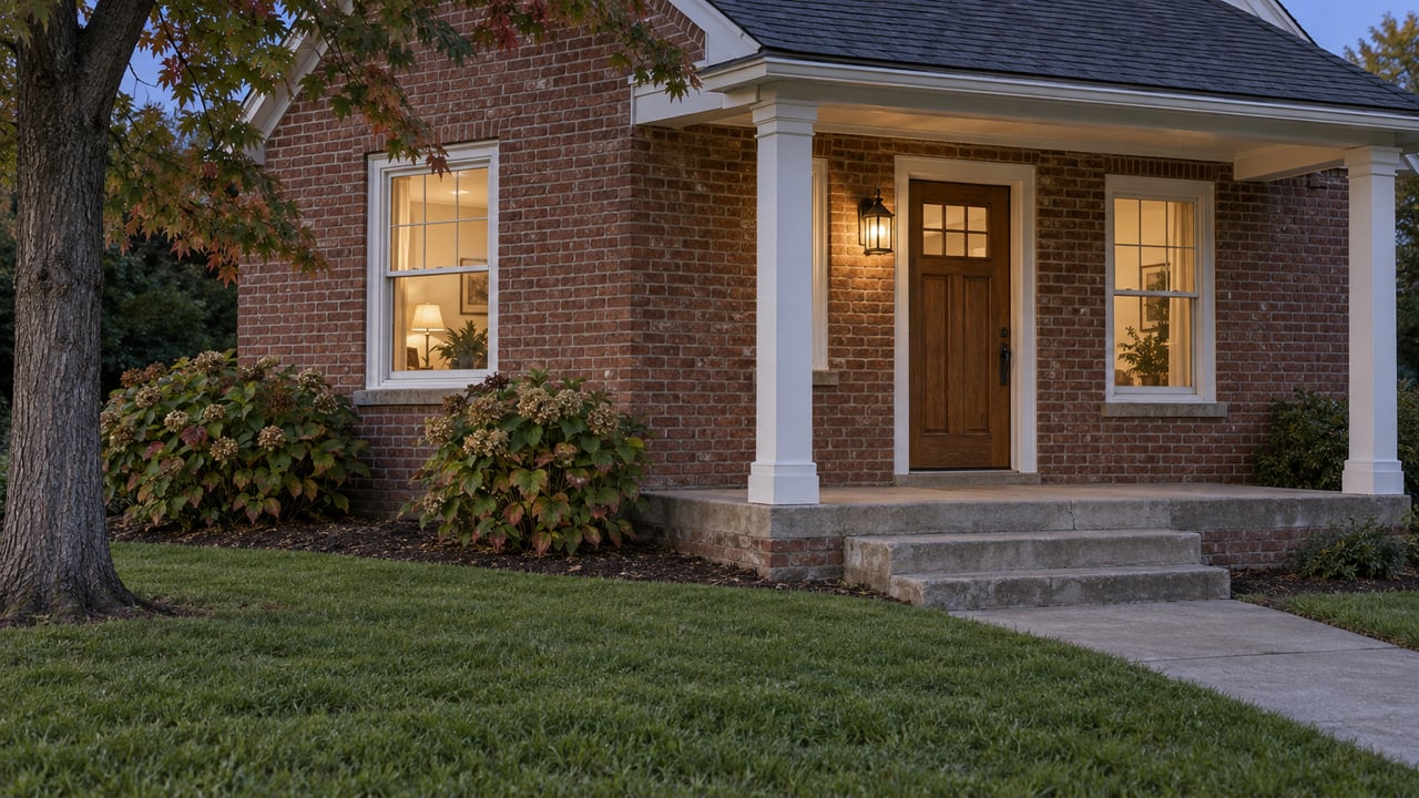 Twilight view of a brick home's covered porch, wood door, warm-lit windows, concrete steps, and lawn beside oakleaf hydrangeas.