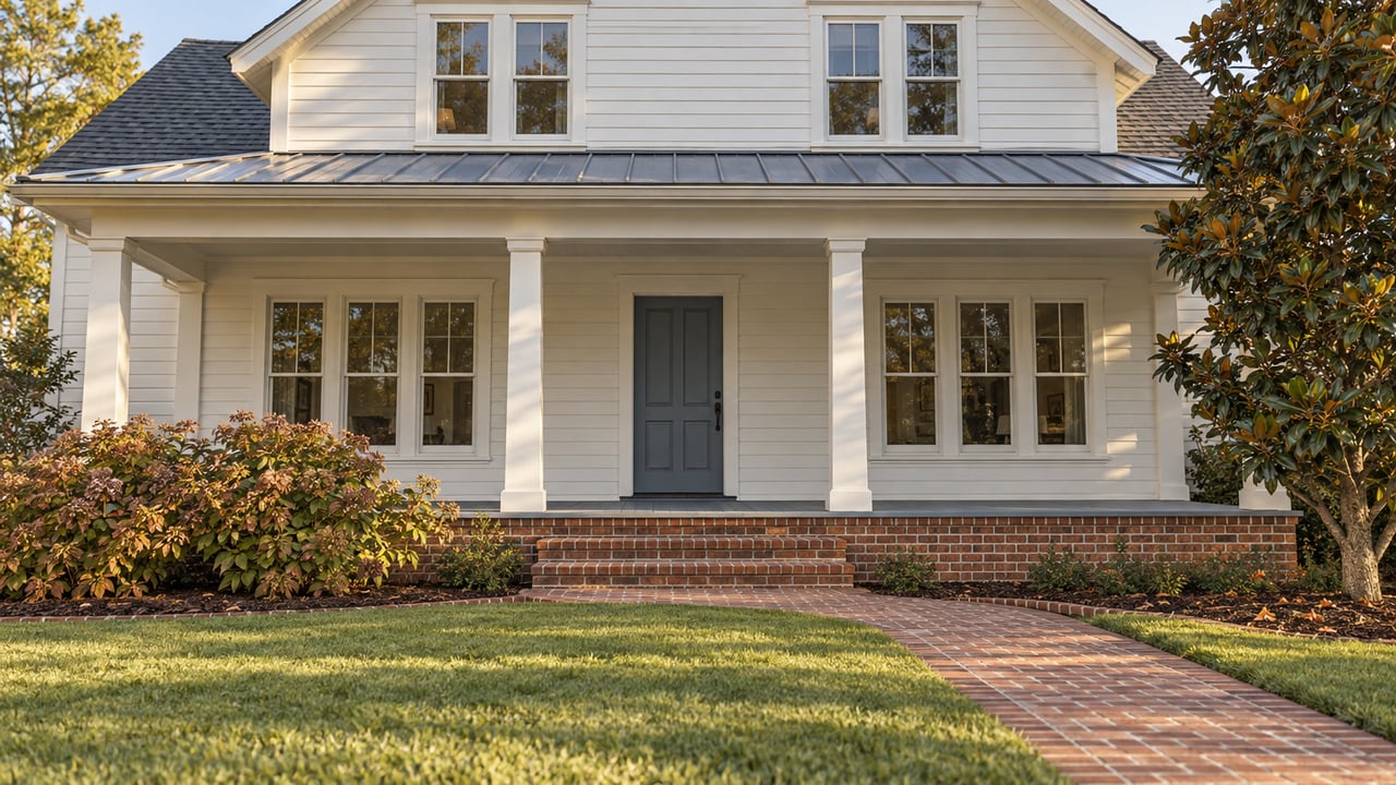 White two-story house with a broad covered porch, brick steps and a deep lawn in warm afternoon light.