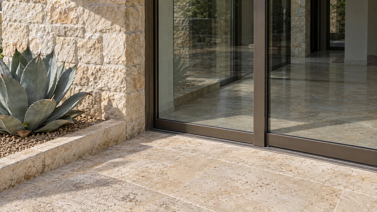 Sunlit limestone and bronze-framed glass meet a travertine terrace beside a single blue-gray agave in a raised stone bed.