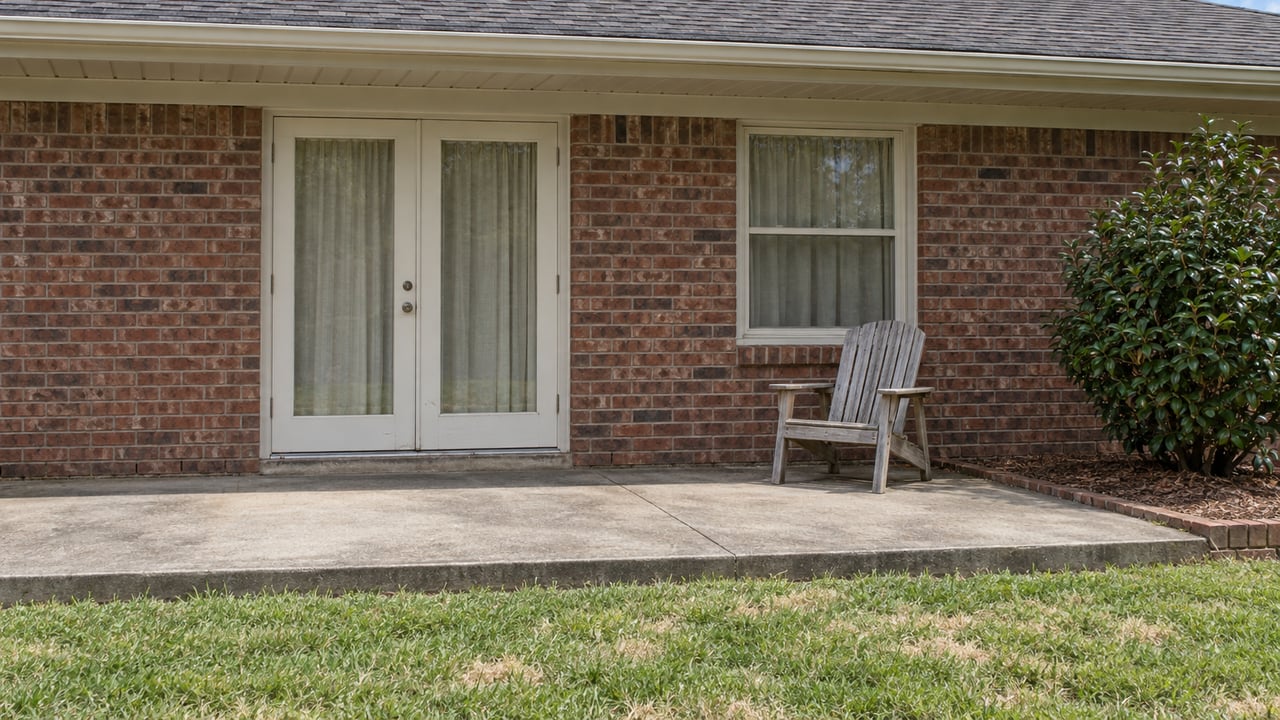 Brick ranch rear patio with cream glazed doors, a matching window, a wooden chair and a camellia beside the lawn.