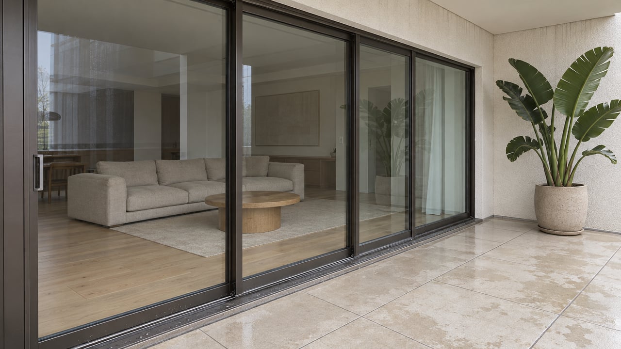 Covered balcony with pale stone-look pavers, a single bird-of-paradise plant and closed bronze-framed glass doors opening visually onto a softly furnished living room.