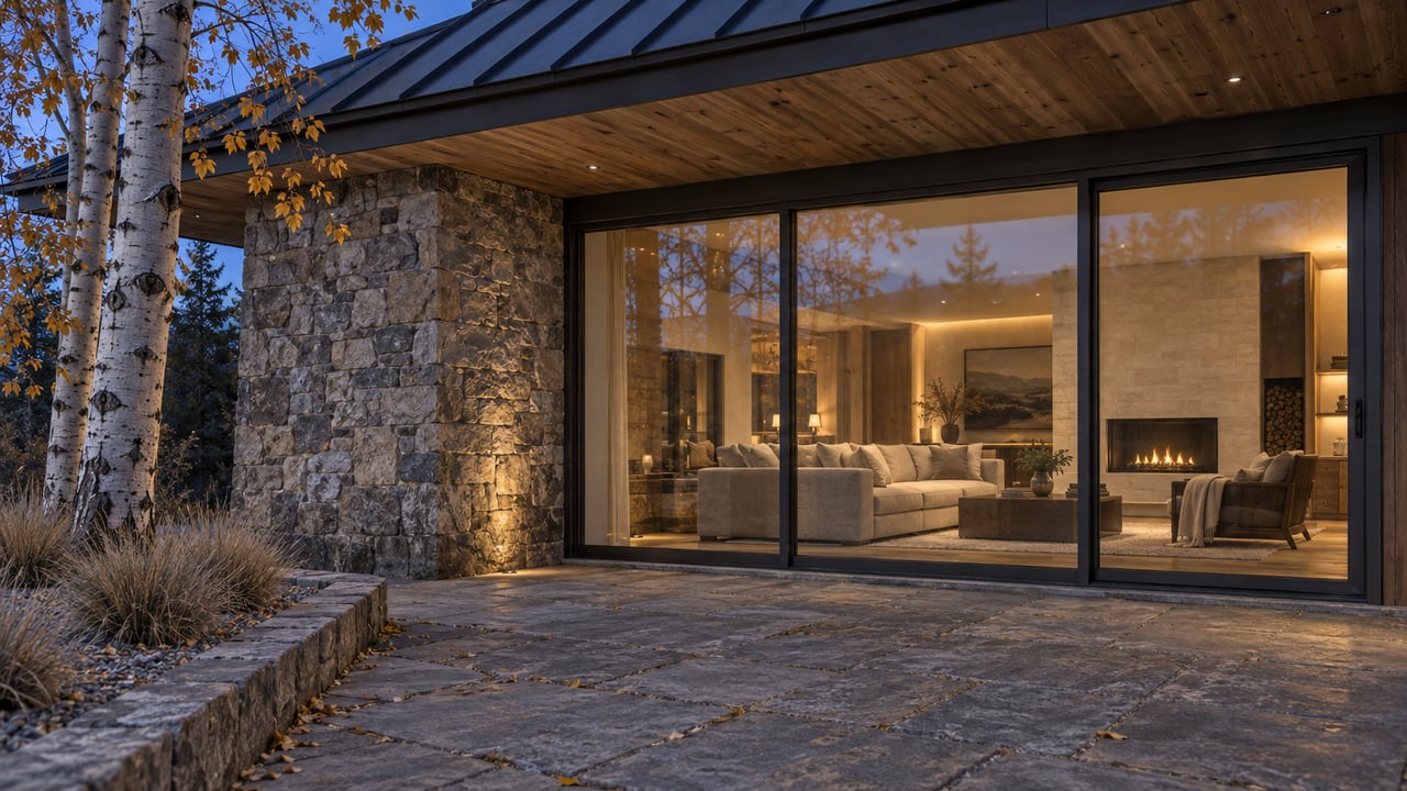 Blue-hour view of a timber-and-stone home with bronze-framed living-room glazing and a stone terrace beside a white-barked aspen.
