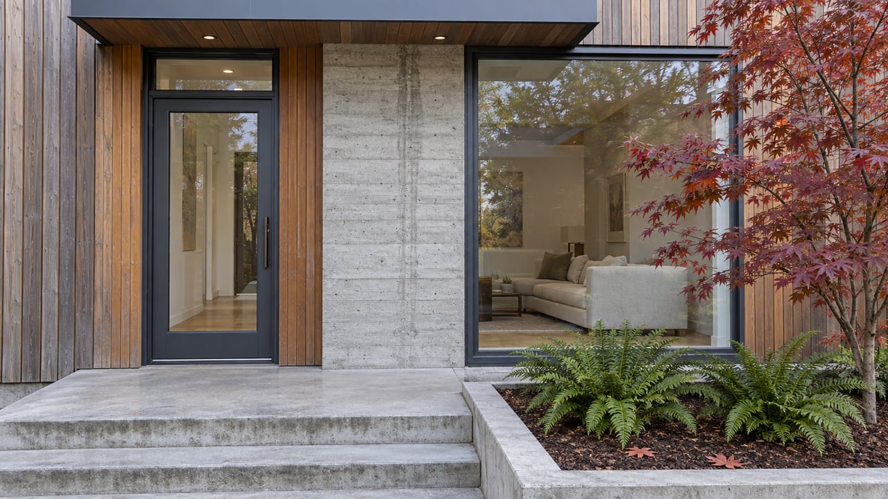 Cedar-clad residential entry beside a large living-room window, with concrete steps and a burgundy Japanese maple in a raised planter.