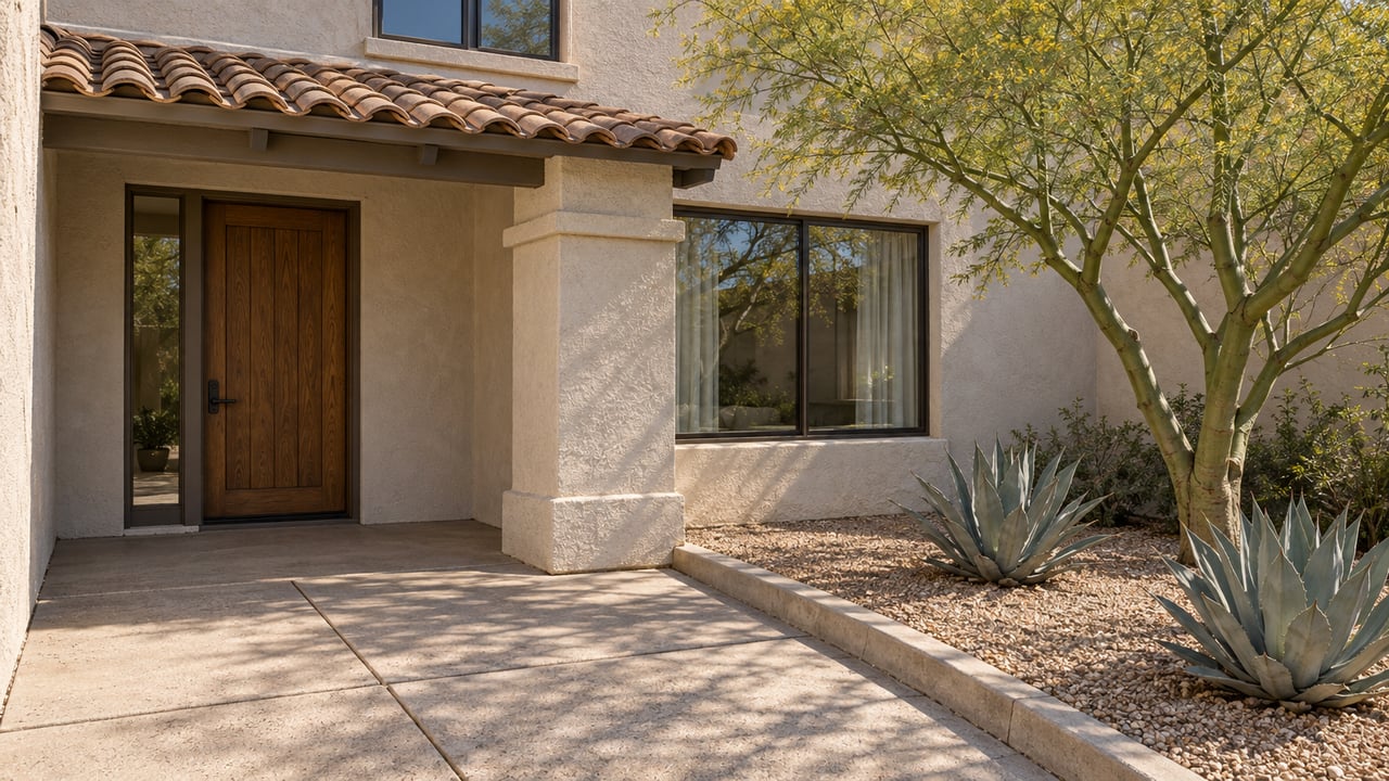 Morning light across a sandy stucco home’s sheltered wood entry, concrete courtyard and sculptural desert planting.