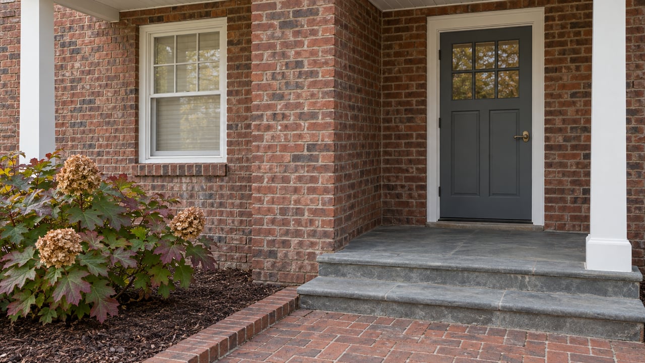 Red-brown brick house entrance with a gray door, white porch posts, flagstone steps, and an oakleaf hydrangea beside a brick walk.