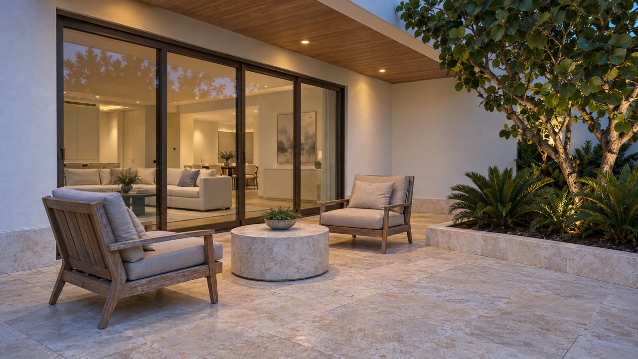 Blue-hour terrace of a white stucco home with limestone paving, teak chairs and closed bronze-framed glass doors.
