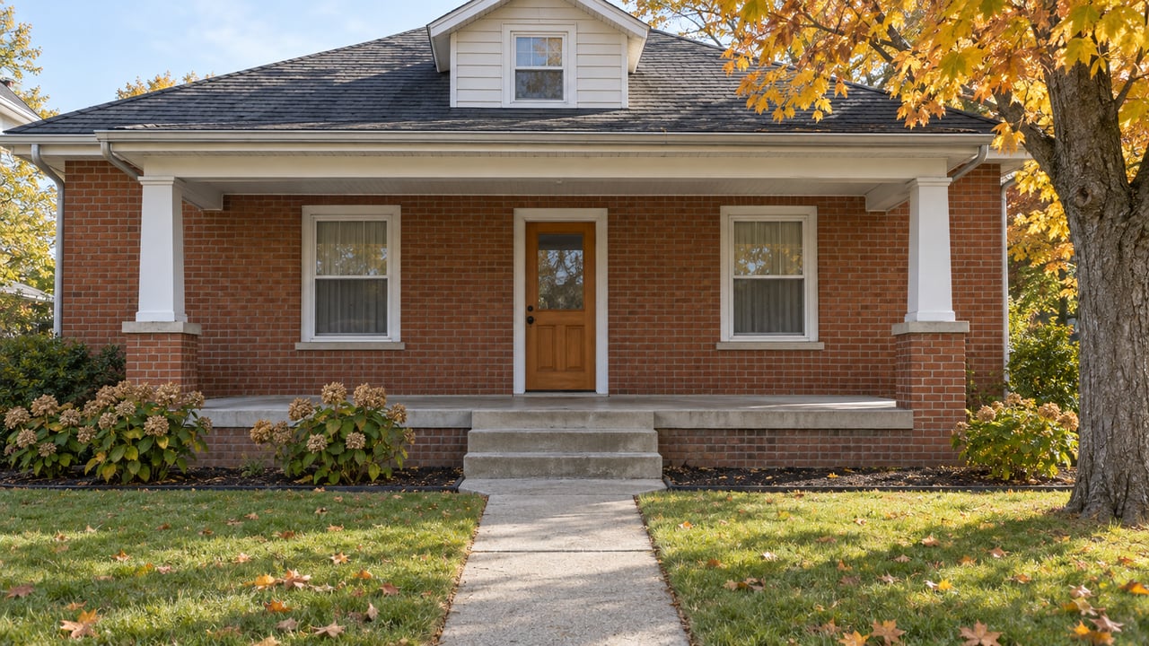 Brick bungalow with a white-columned porch, concrete front walk and amber maple foliage in afternoon light.