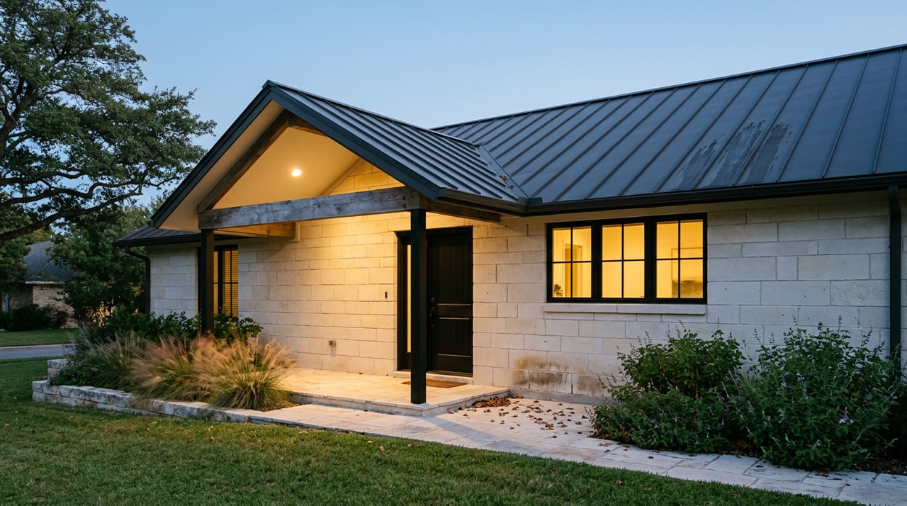 Hill Country home entry with limestone walls, dark metal gable roof, glowing window, and live oak at dusk.
