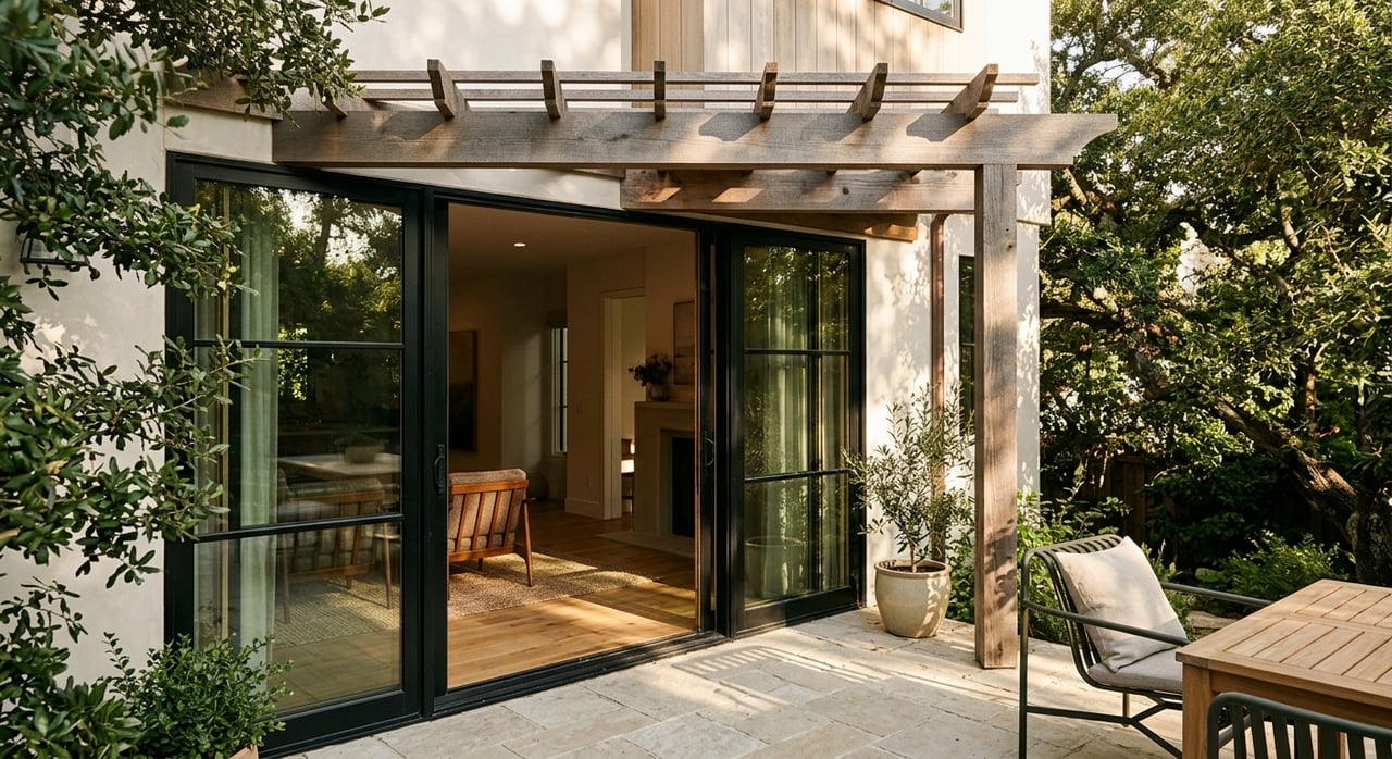 Limestone patio beneath a cedar pergola, with black-framed sliders and limewashed brick walls.