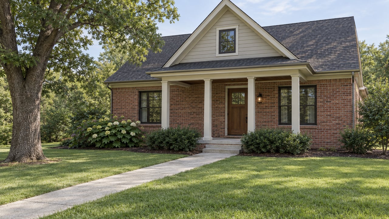 Mature red-brick house with a pale gable, recessed porch, and concrete walk crossing a broad lawn.