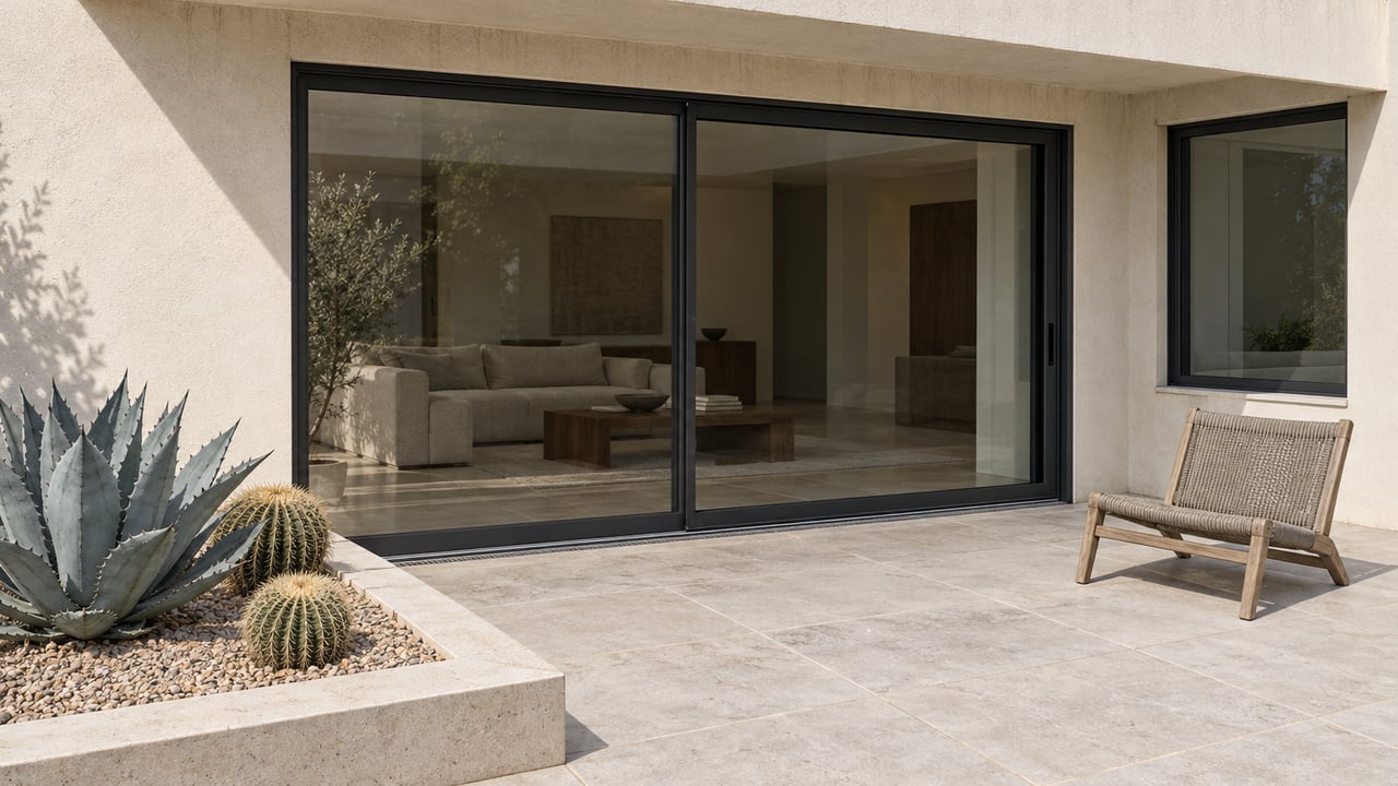 A contemporary condominium terrace with ivory stucco, black-framed glass, pale paving and a curbed bed of agave and barrel cacti.