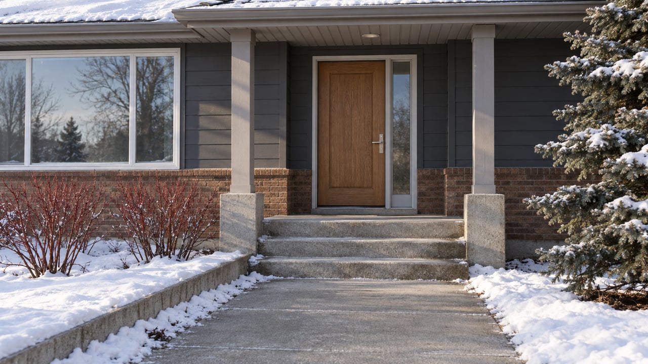 Snow-edged concrete approach leading to a sheltered charcoal-sided family home with brick accents, red-stem shrubs and a snow-dusted spruce.