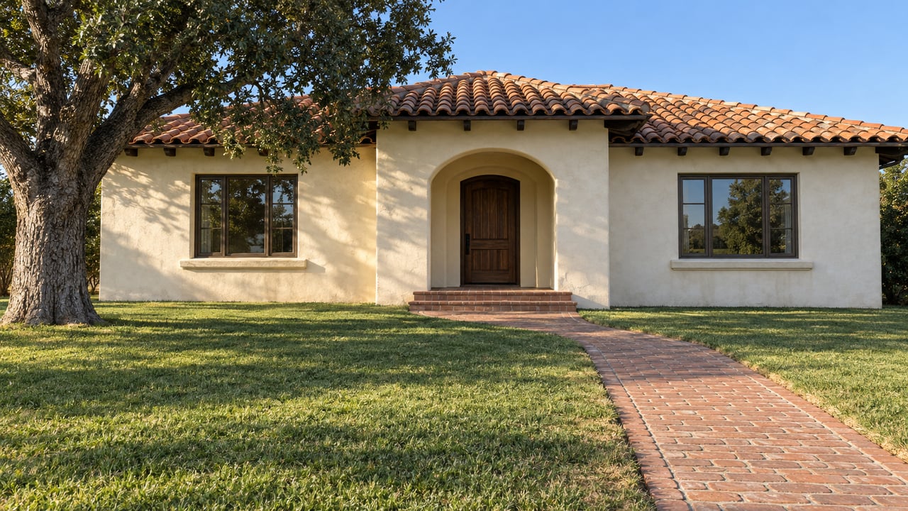 Ivory stucco home with a terracotta tile roof, recessed arched entry, bronze-framed windows and a brick walk across a deep lawn beneath a mature coast live oak.