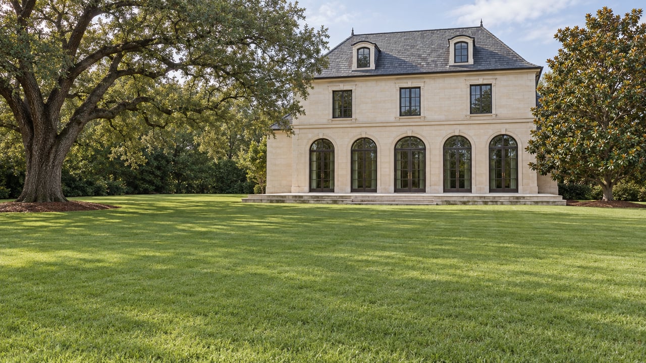 A limestone estate beyond a broad lawn, framed by a mature spreading oak and a glossy-leaved magnolia.