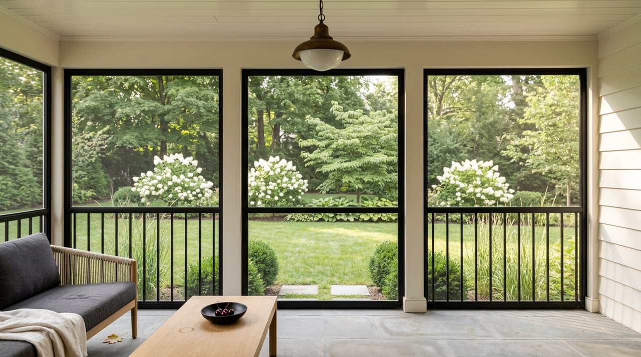 Screened porch with black-framed panels, bronze pendant, and white hydrangeas beyond the lawn.