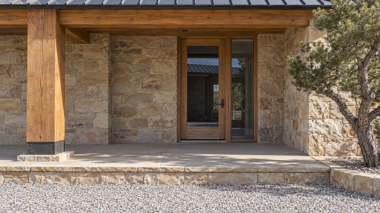 A timber-covered ranch home entrance with sandstone walls, an oak and glass door, and a stone step above a gravel court.