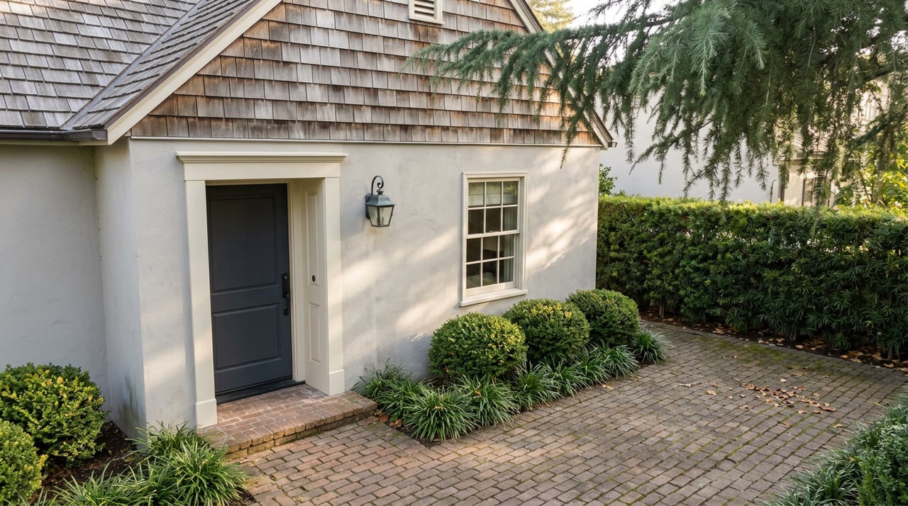 Brick courtyard leading to a charcoal entry door in a light stucco home with a cedar-shingle gable and clipped hedges.
