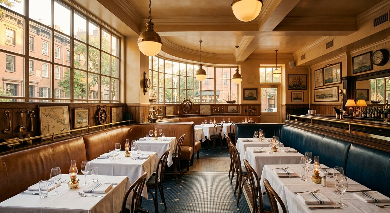 Restaurant dining room with leather banquettes, white-tablecloth tables, and tall windows.