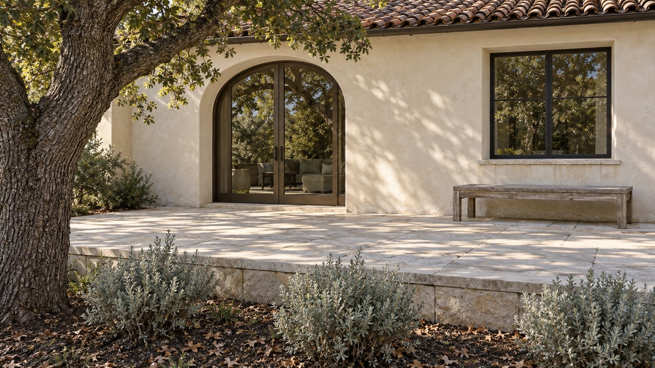 Cream-stucco home with clay roof, arched glass doors, and a limestone garden terrace beside a mature oak.