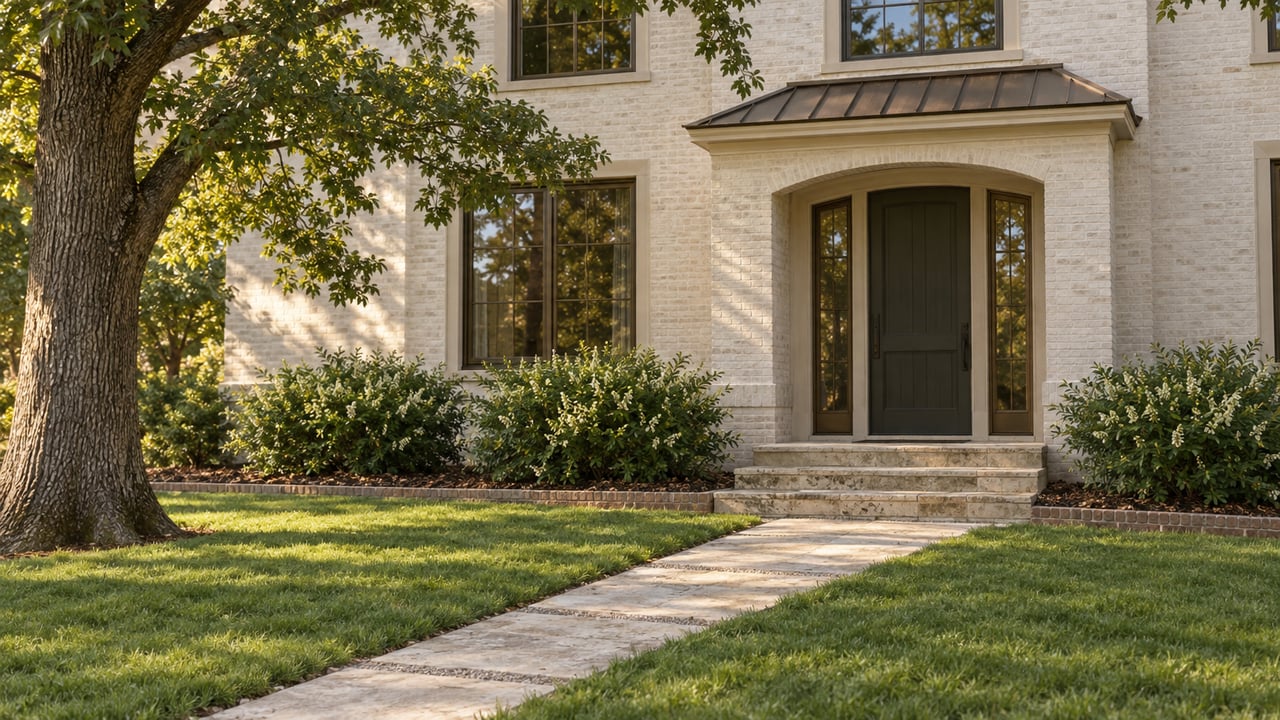 Cream brick two-story home with bronze-framed windows, limestone entry steps, and a stone walk across the lawn.