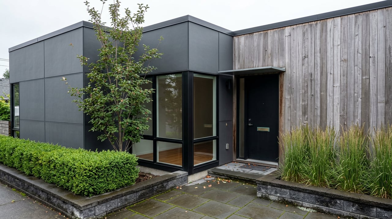 Two-story duplex with charcoal panels, weathered cedar siding, black-framed windows, and a bluestone path to the entry.