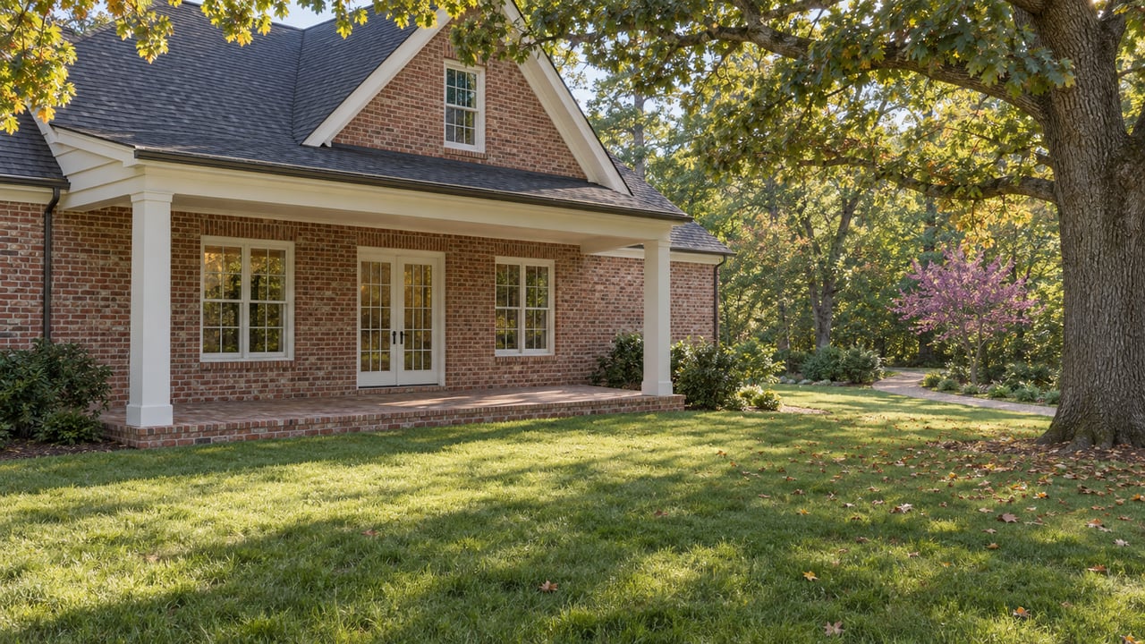 Red-brick house with a covered terrace beside a broad lawn, curving stone path, and mature oak.