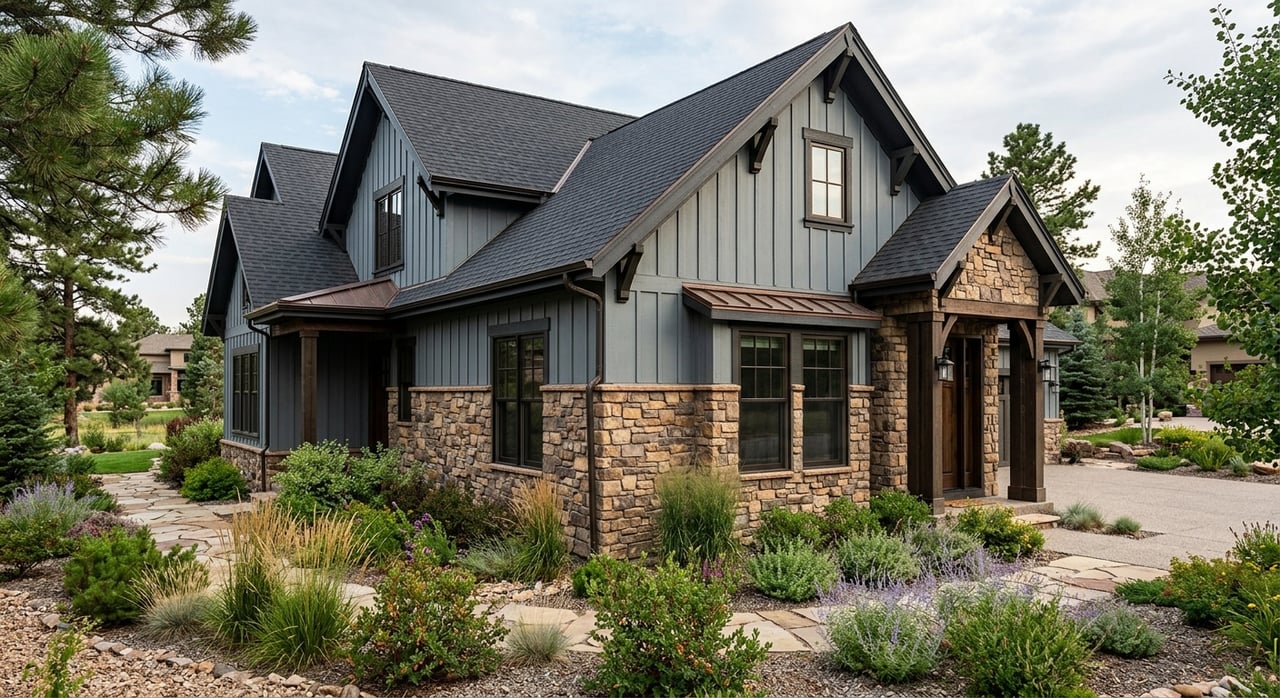 Detached home with warm-gray stone facade, greige board-and-batten siding, covered porch, and concrete walkway.