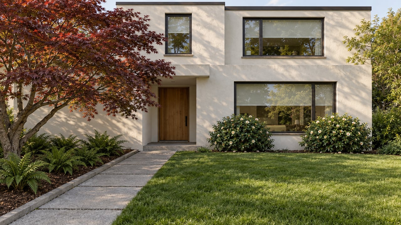 Warm late-afternoon light on an off-white contemporary home behind a deep front lawn, with a Japanese maple and concrete entry path.