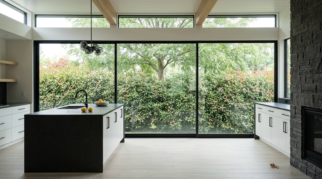 Bright kitchen with a dark waterfall island, lemon bowl, charcoal fireplace, and hedge visible through glass walls.