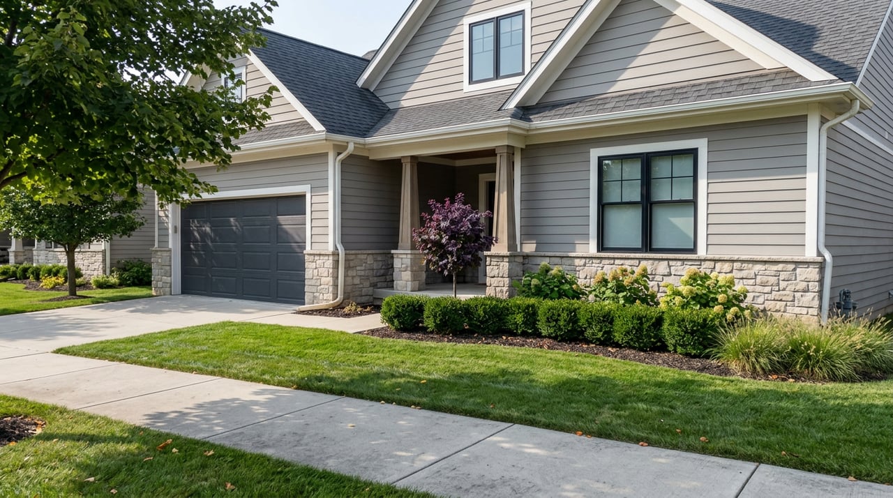 Gray-sided home with stone wainscot, covered porch, charcoal garage door, and purple-leaved redbud beside the driveway.