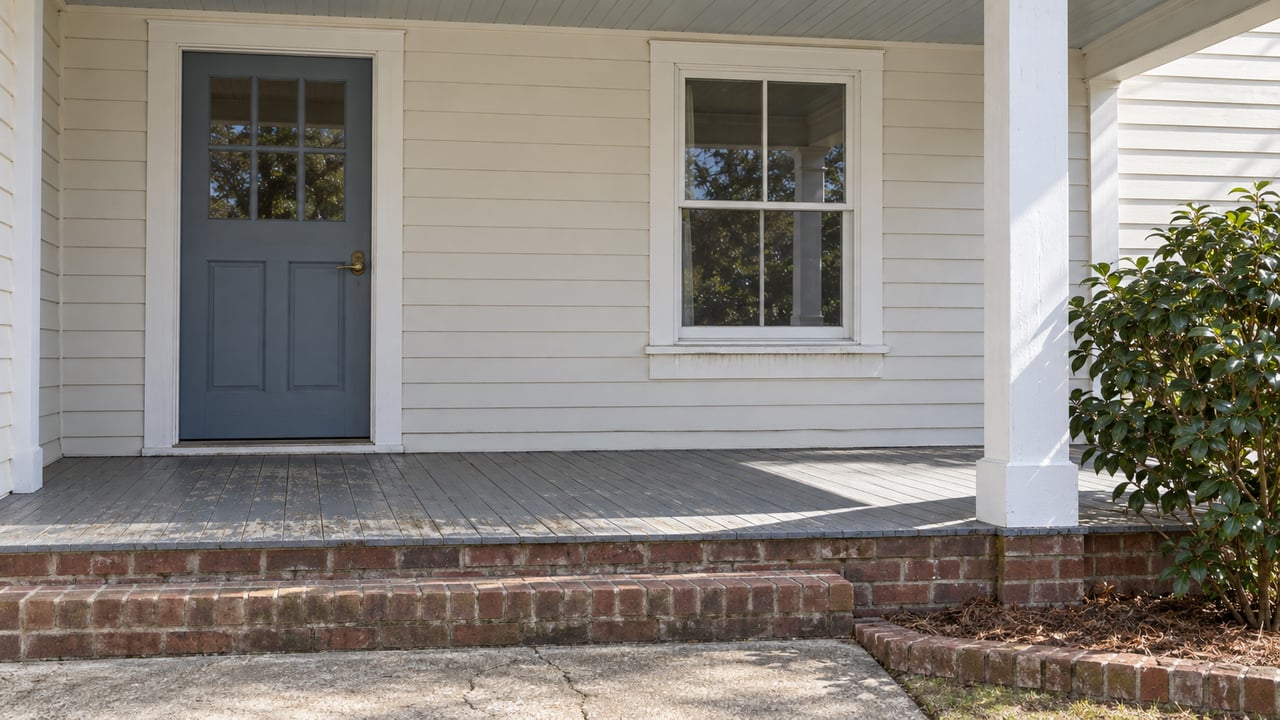 Close view of a clapboard home's covered front porch, blue-gray glazed door, white-trimmed window and weathered brick steps beside a camellia shrub.