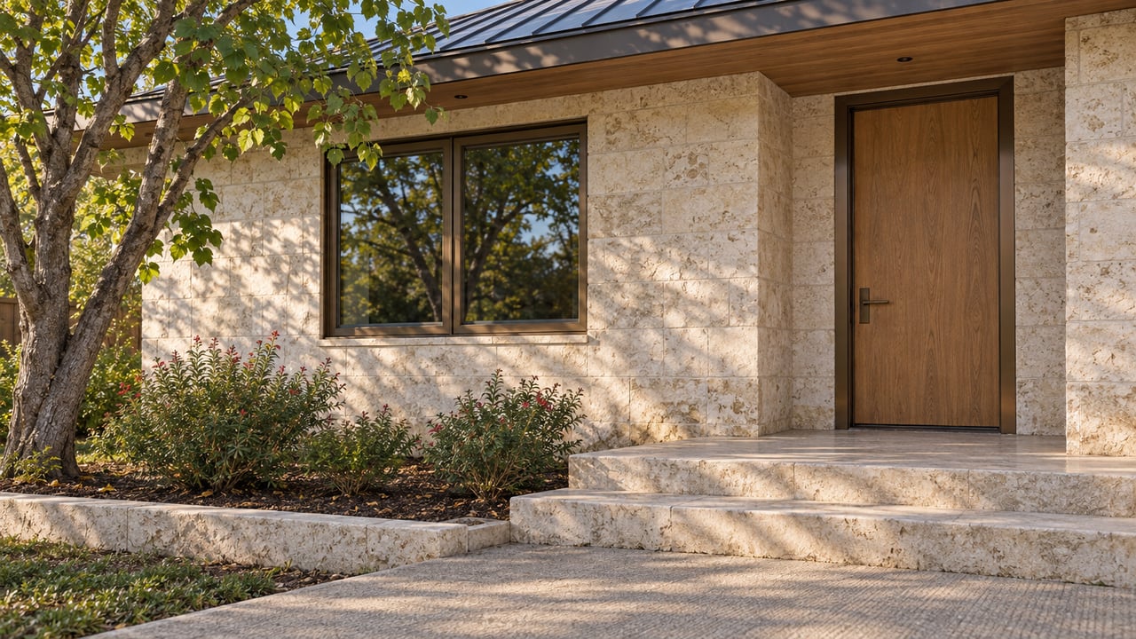 Warm afternoon light falls across a limestone home's oak entrance, bronze-framed window and broad stone porch steps beside a mature redbud.