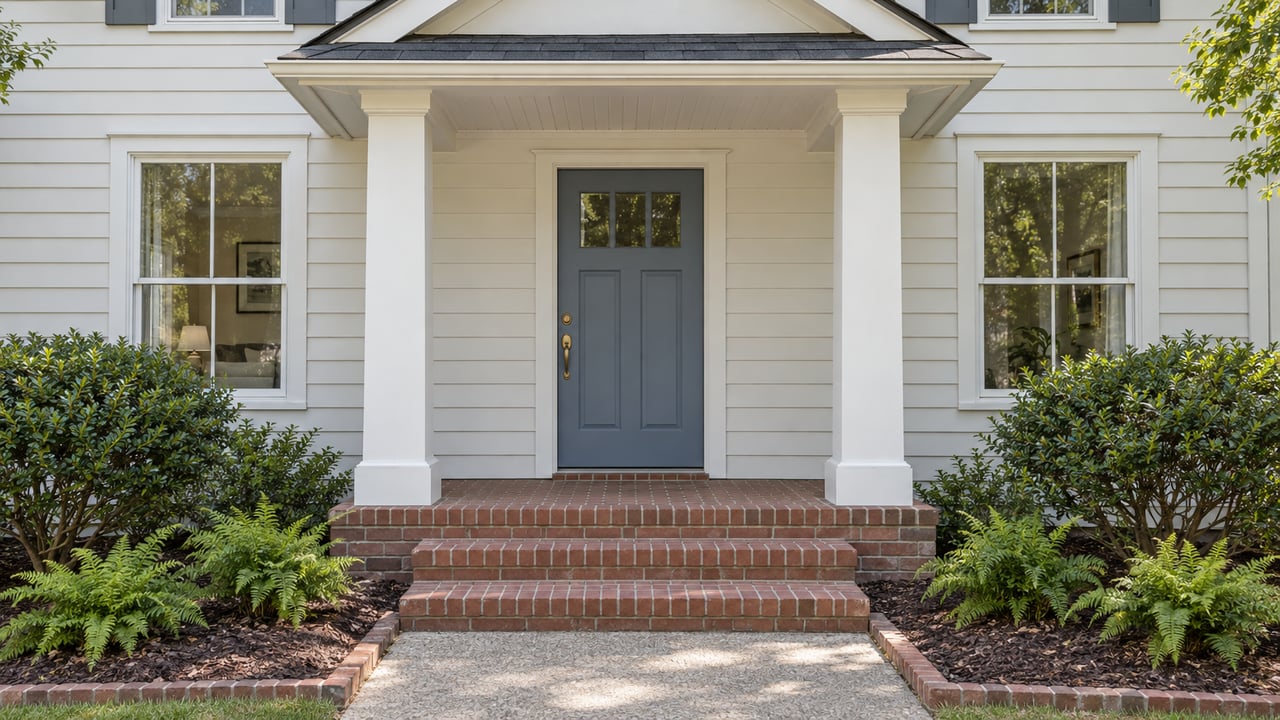 White-sided home with a blue-gray front door, brick entry steps, paired windows and neatly planted beds in natural daylight.