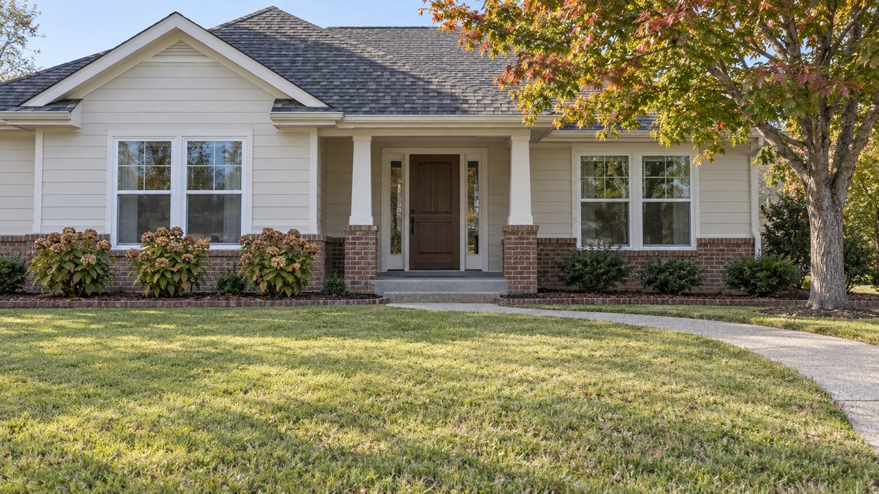 An ivory single-story home with a shaded front porch, broad lawn, brick-edged hydrangea bed and a red maple beside the approach walk.