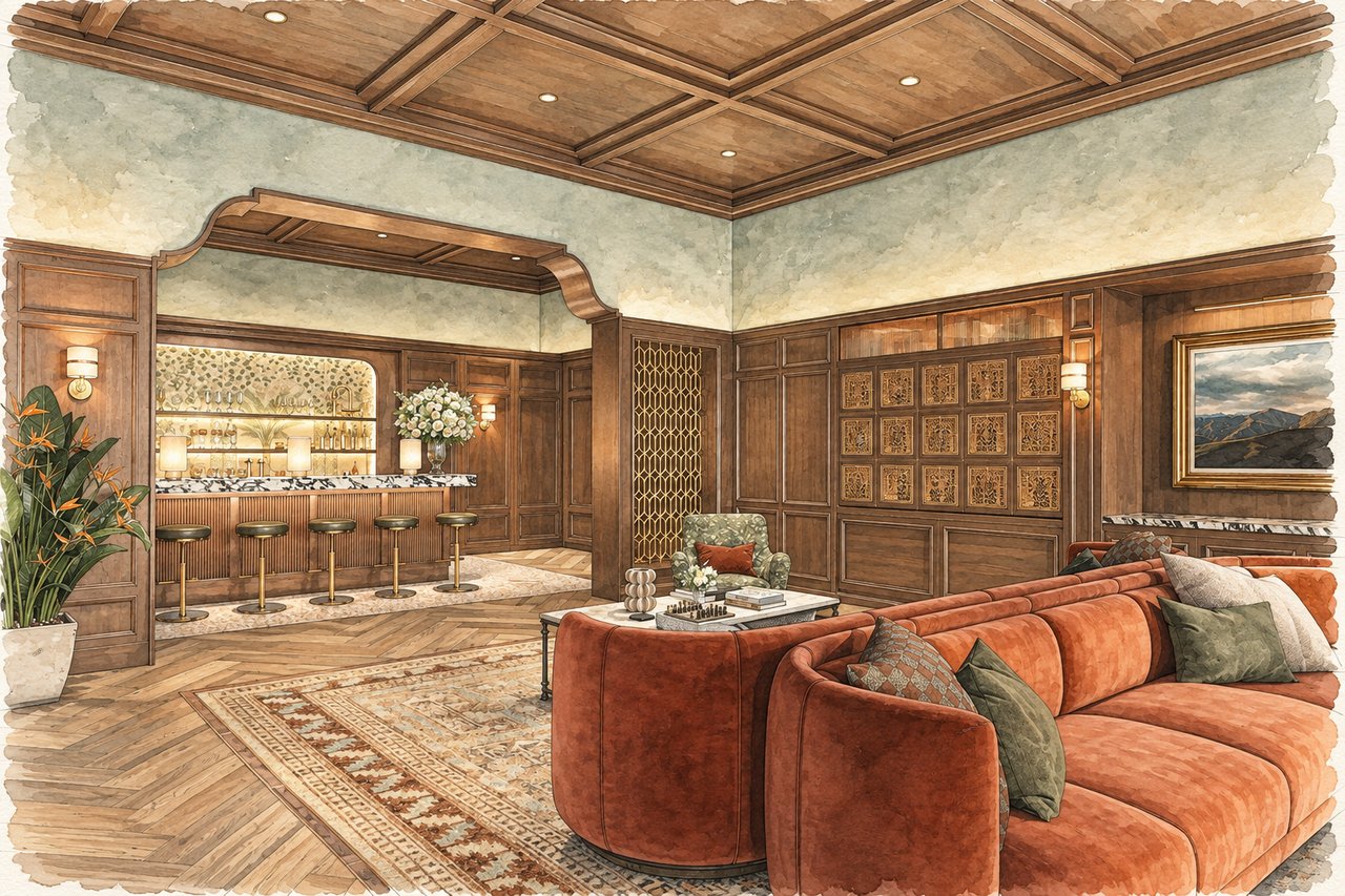 Lounge with an orange sectional, carved wood paneling, coffered ceiling, and adjoining bar.