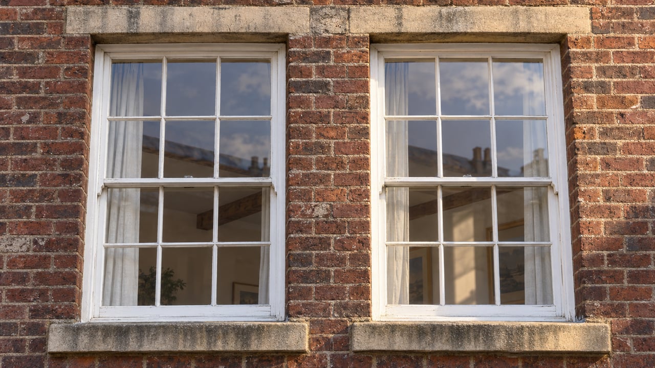 Two tall white-painted loft windows recessed into weathered red-brown brick, with pale stone lintels and sills in raking afternoon light.