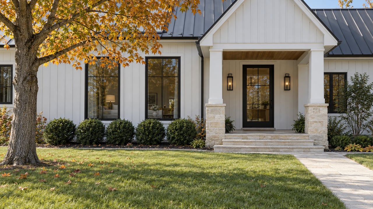 White gabled home with black-framed windows, a covered limestone entry and an amber maple beside a broad autumn lawn.