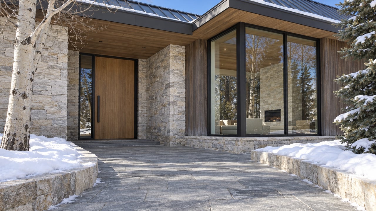 Winter entry of a timber-and-limestone home with black-framed glazing, a stone approach, and snow beneath an aspen and spruce.
