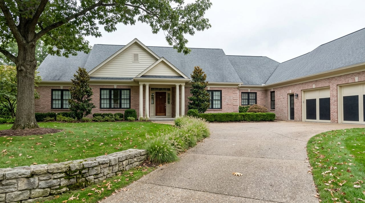 Brick-and-siding estate home with white-columned portico, broad lawn, curving driveway, and mature oak.