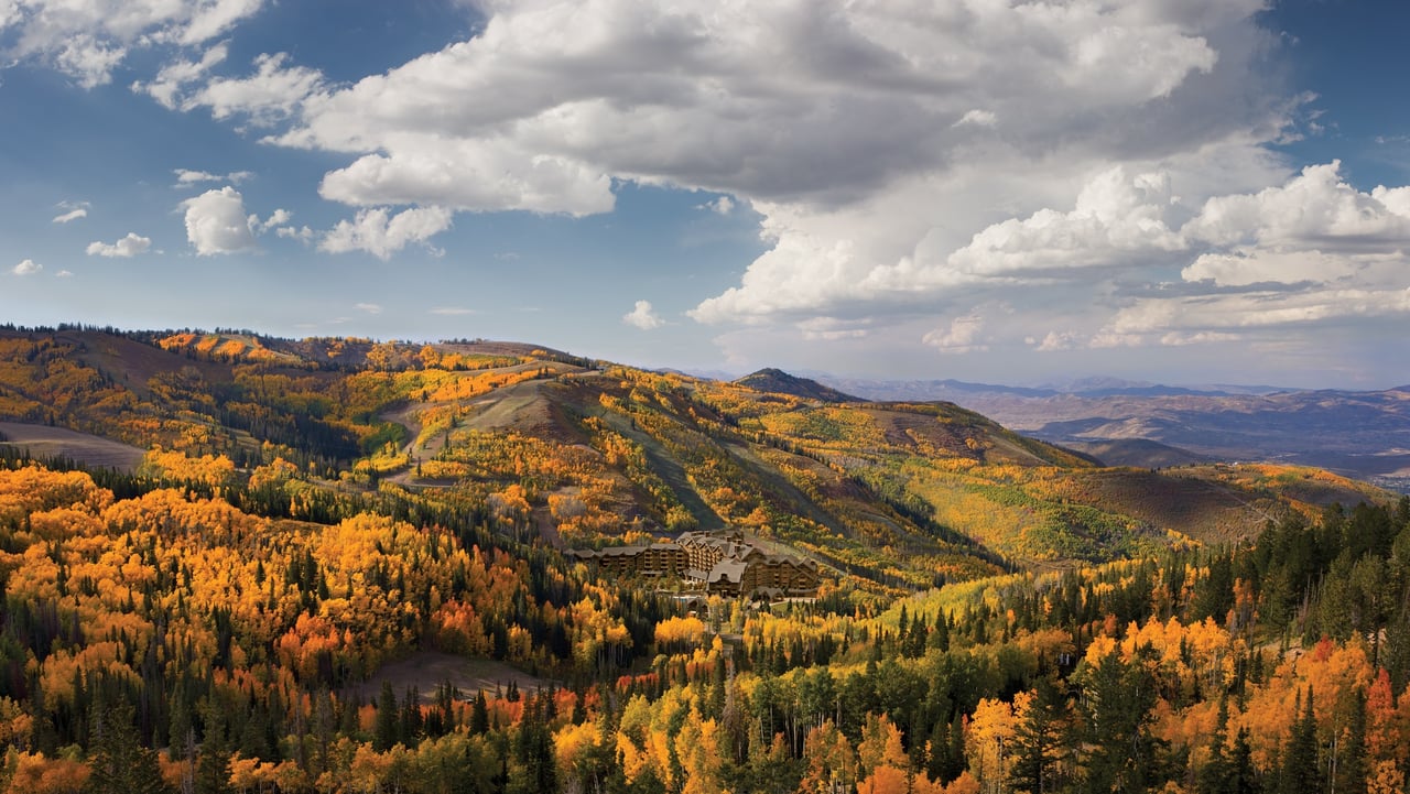 Empire Pass at the top of Deer Valley surrounded by fall aspens, with ski runs above