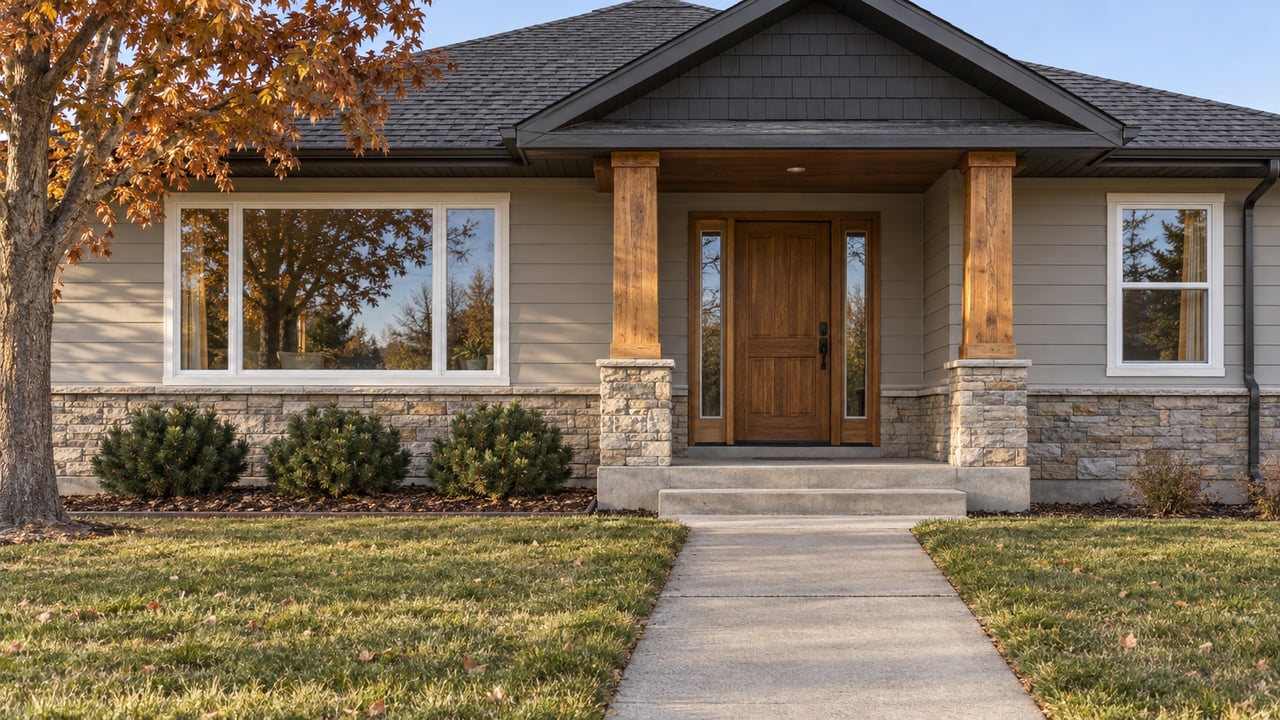 Gray-sided gabled home with timber porch posts, stone base, and a concrete approach across an autumn lawn.