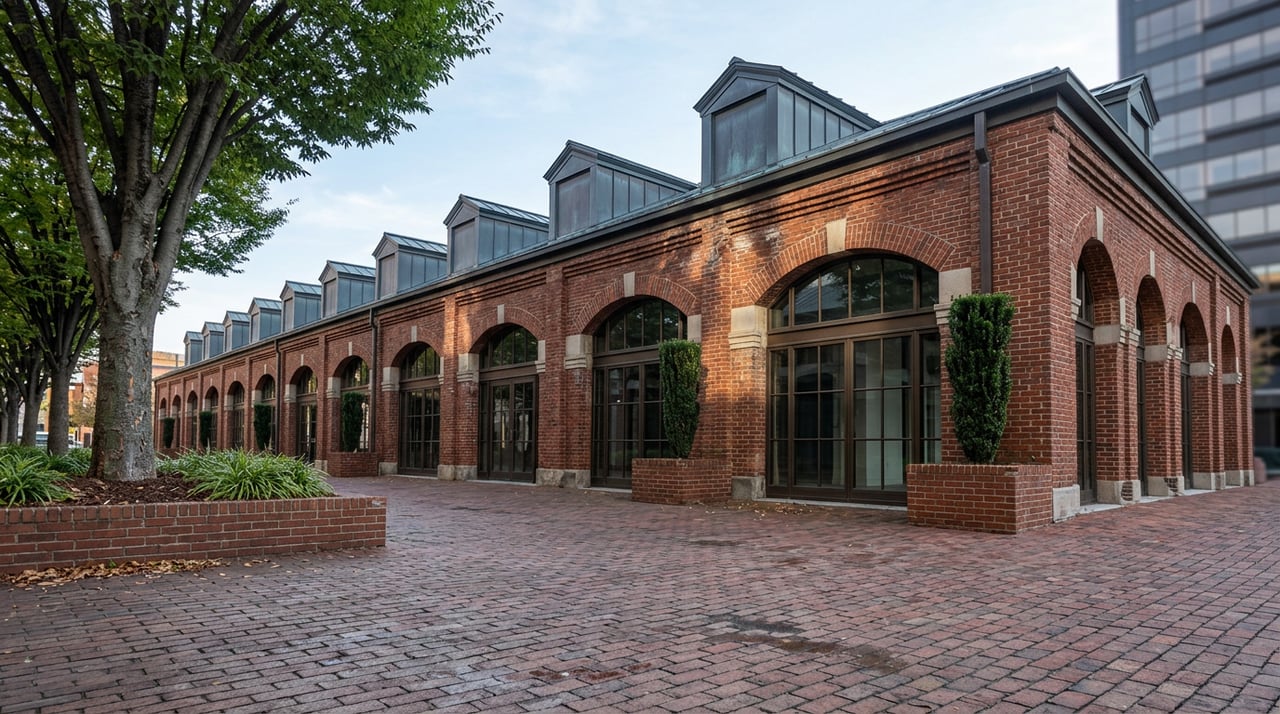 Brick market hall arcade with arched storefronts, triangular dormers, and a leafy tree beside the brick plaza.