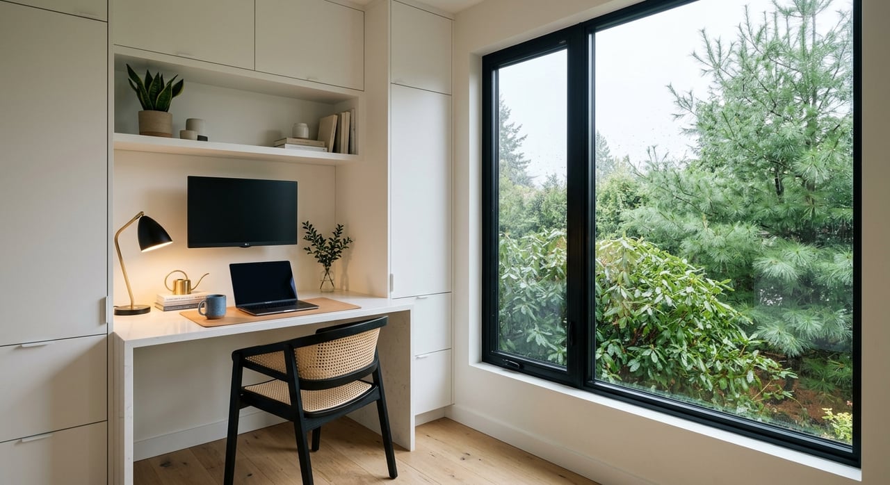 Built-in office nook with quartz desk, tucked chair, notebook, mug, and leafy branches outside.