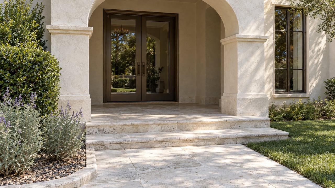 Cream stucco arched entry with bronze-framed glass doors, pale limestone steps and silver-green sage beside a lawn.