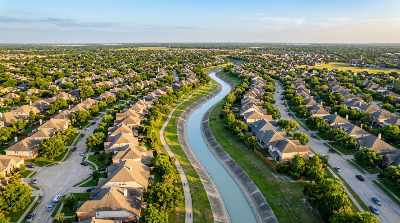 Aerial view of Houston suburb with concrete drainage channel running between rows of single-family homes, Houston flood zone real estate