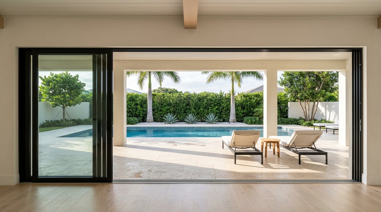Open sliding glass doors frame a swimming pool, palm trees, and two lounge chairs on a patio.