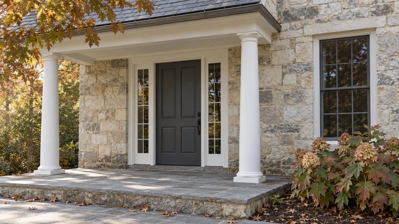 Covered limestone porch with a centered front door, paired glass sidelights, and gold-brown oak leaves overhead.