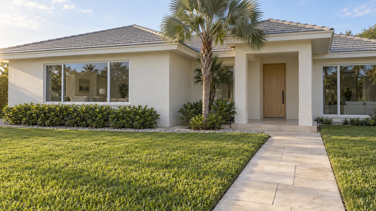 Cream stucco home with a low tile roof, broad windows and a recessed entry approached across a deep lawn by a pale paver walk.